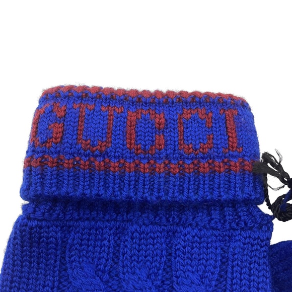 GUCCI BLUE 2022 LOGO WOOL KNIT AND LAMBSKIN LEATHER KELSO GLOVES - Picture 8 of 9